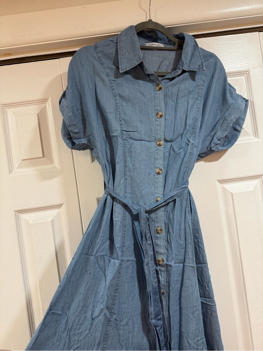 Light Blue Chambray Button-Front Maxi Dress with Self Tie - Picture 2 of 4